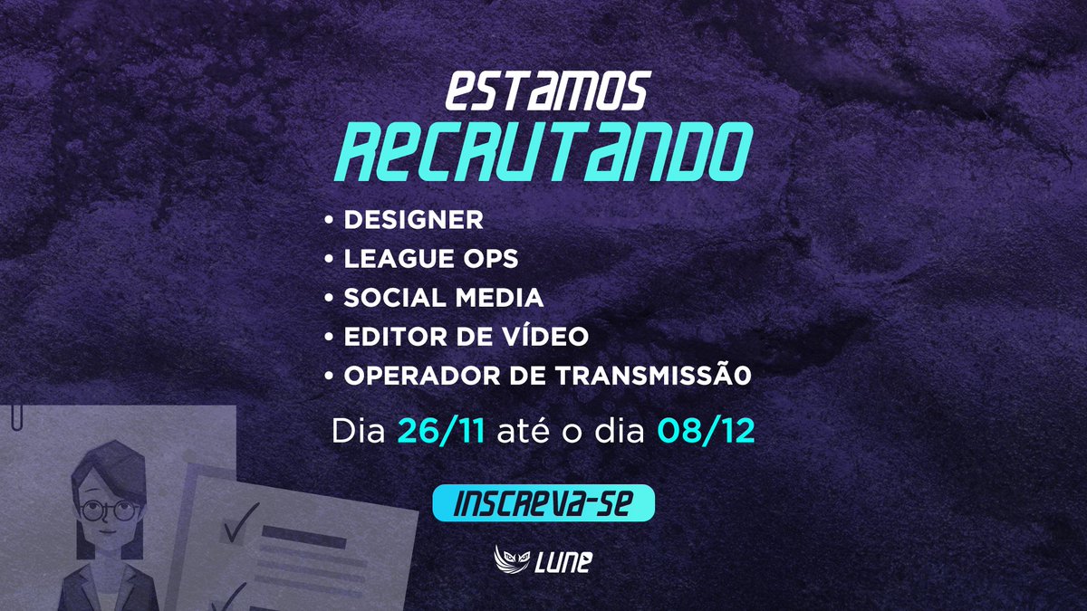 A LUNE está abrindo vagas no projeto para quem quer crescer profissionalmente.

As vagas abertas são para:

🎥 Editor de Vídeo 
📝 Social Media
📽️ Operador de Transmissão
🖱️League Ops
🧑‍💻 Designer

As inscrições para o processo seletivo já estão abertas!
 forms.gle/ECEiD1nDMRzKmQ…