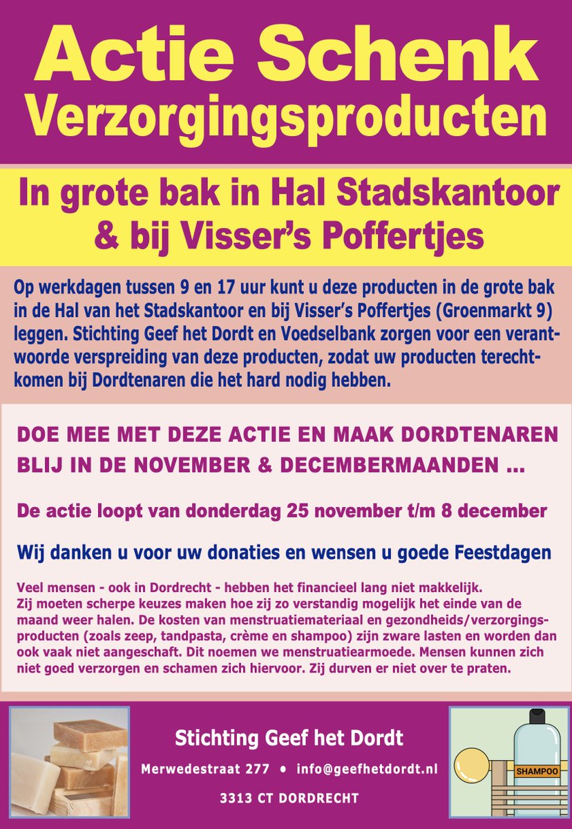 pvdadordrecht's tweet photo. 'Actie Schenk Verzorgingsproducten’; 25 november - 8 december; Opgestart door Inge Stevens en Suzan de Groot. Maak Dordtenaren blij die dit hard nodig hebben. In hal Stadskantoor en bij Visser's Poffertjes staan dozen om jouw producten in te leggen. 
Voedselbank verspreidt ze. https://t.co/I99jAmx5Ms