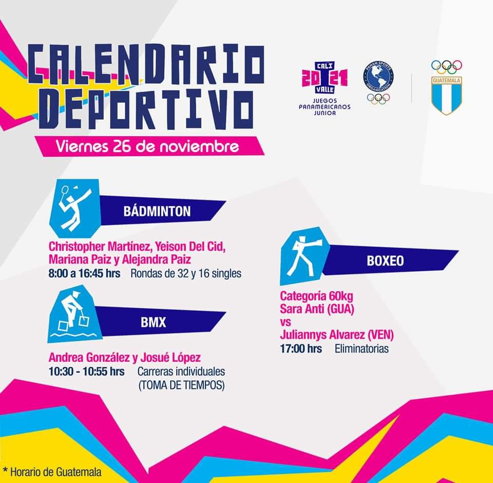 Esta es la agenda de viernes para los atletas guatemaltecos que participan en los I Juegos Panamericanos Junior Cali-Valle 2021 #VamosGuate
<a href="/AntorchaDeporte/">AntorchaDeportiva</a>