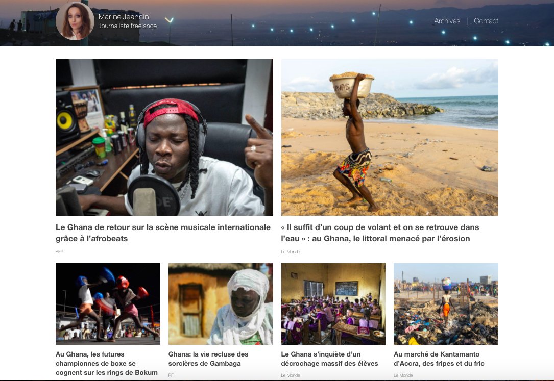 Marine_Jeannin_'s tweet photo. Très fière de vous présenter enfin mon portfolio https://t.co/h50xdgZkqp, codé avec l'aide précieuse de @VincentPapaye ! Avec en Une, mes reportages au Ghana pour @RFI et pour @LeMondefr, et en Archives toutes mes publications (bientôt 300 !) par ordre chronologique ✨ https://t.co/HwHQymd5QS