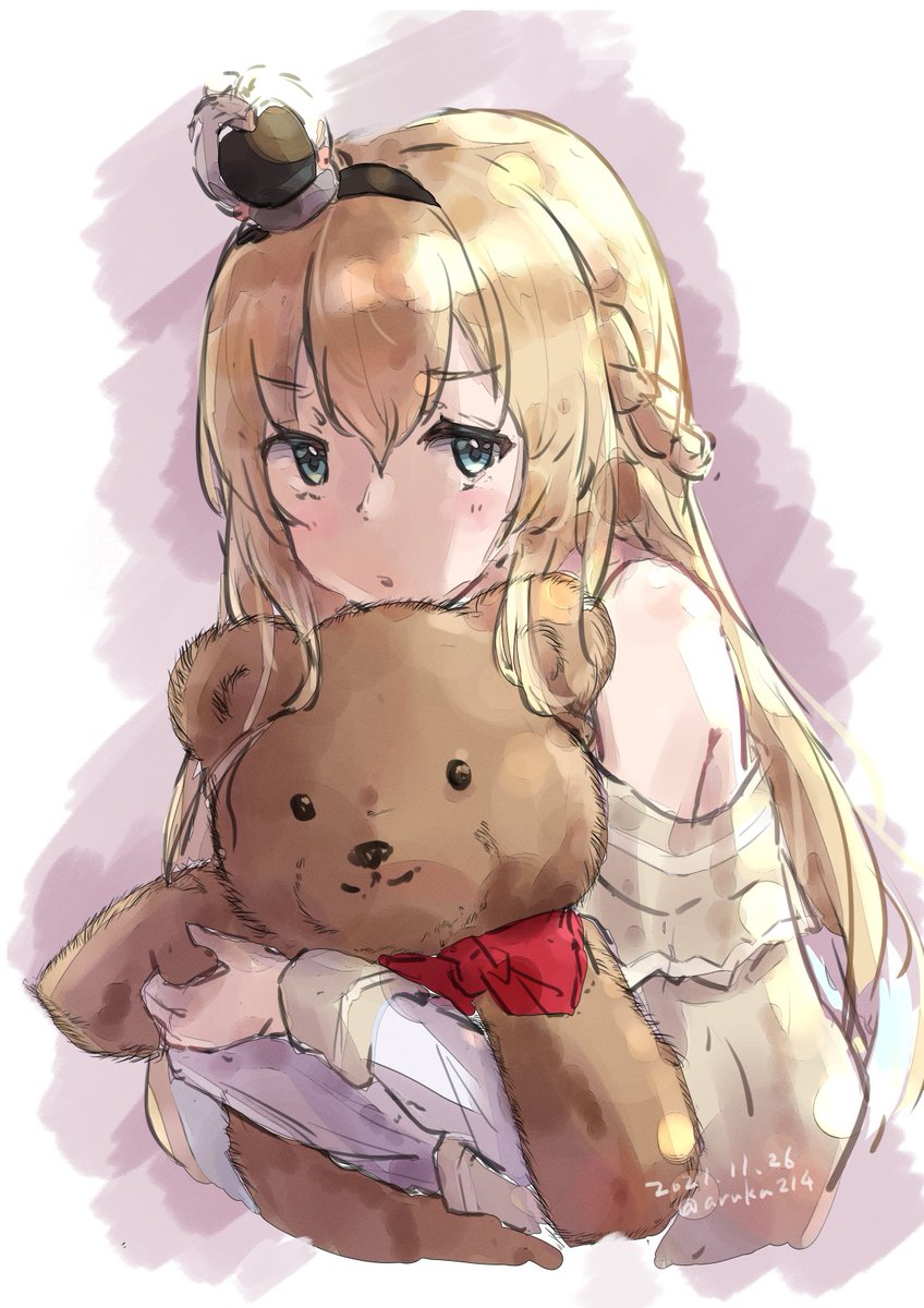 warspite (kancolle) 1girl stuffed animal stuffed toy teddy bear long hair blonde hair crown  illustration images