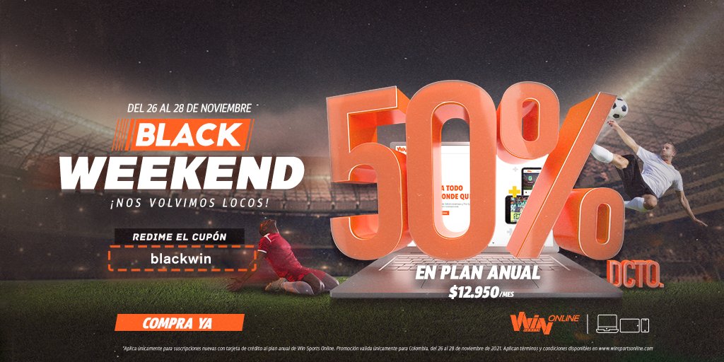 WinSportsTV's tweet photo. ¡Nos volvimos locos! Win Sports Online a mitad de precio en su plan anual. Aquí los detalles #ModoBlackFriday

https://t.co/TJvGQcC5te https://t.co/2ZZDUDgRDf