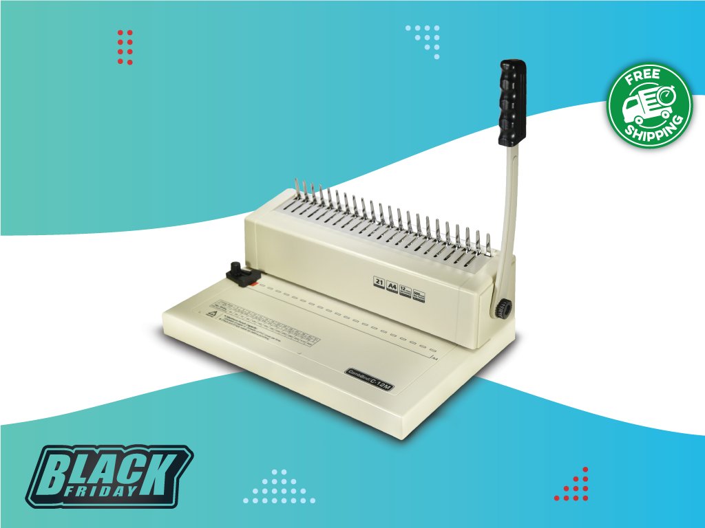 print_finish's tweet image. #BlackFridayOffers: GET 15% OFF

The C-12M Comb binding machine comes with 100 pcs of 5/16” 21-ring black PVC comb spines starter kit. Free shipping within North America is available 🇨🇦🇺🇸

Link: ow.ly/6XnK50GXeRq

#CombBinding #BindingMachine #Printfinish #Us