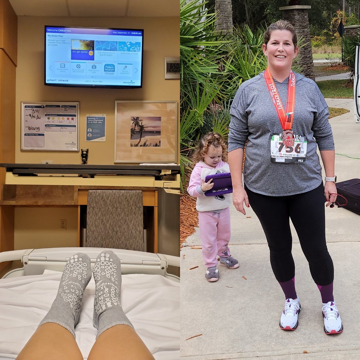 The picture on the left is from 75 days ago when I had surgery to fix the my heart. The picture on the right is from this morning after I finished running my very first 5k. I realize this isn't a big deal to many people but for me, it was pretty emotional.