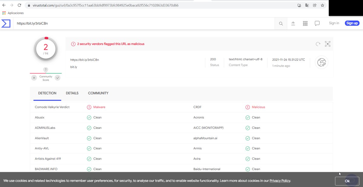 0xCastel's tweet photo. @alvaro_chirou @S4vitar sale detectado porque en su momento esos dos proveedores habrán colocado a bit[.]ly como sitio malicioso. Es indiferente del contenido.

Este acortador por ejemplo con tu foto de twitter: https://bit[.]ly/3rbiCBn

Da el mismo resultado. https://t.co/pISrYBoLOq