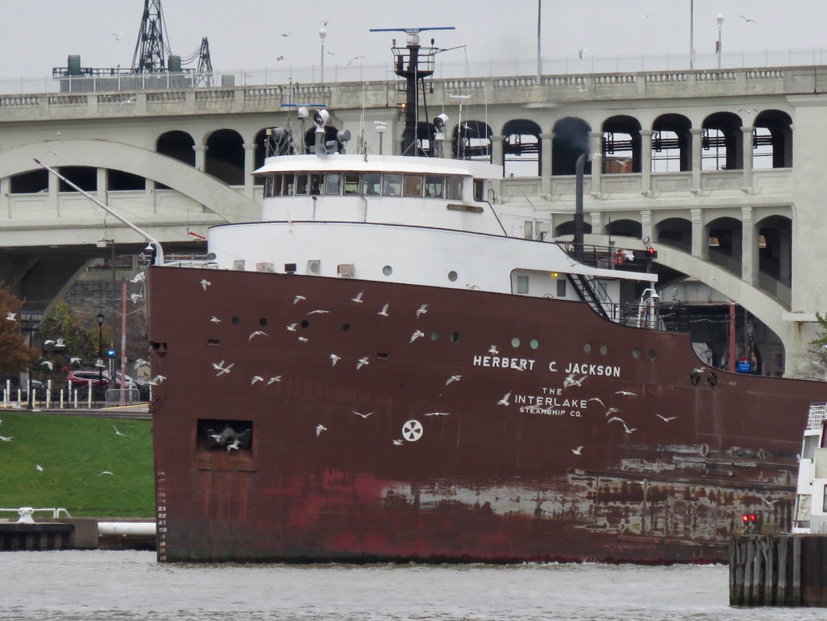 TheIneptBirder's tweet photo. If Don Draper were a freighter he’d be this handsome 1959, 200m-long @InterlakeSSCo bulk carrier, seen in #Cleveland. Featured here with some gulls of course. #boattwitter #BSBO https://t.co/ptx71ouqgD