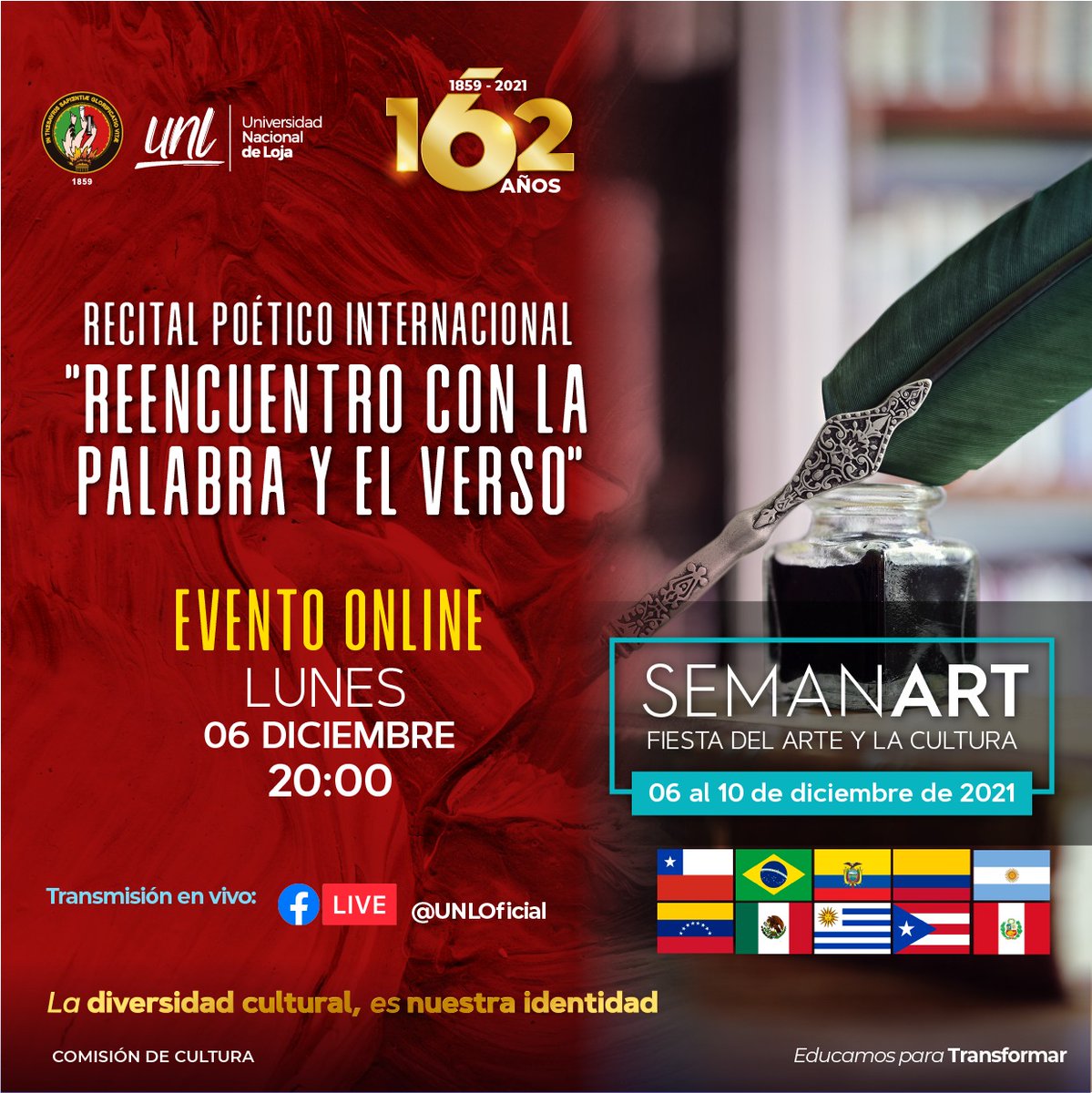 UNLoficial's tweet photo. ♦️ Cumplimos 162 años de vida institucional y seguimos TRANSFORMANDO 🤩
📌 Te invitamos a participar de #SEMANART✍🏻
🔜 Iniciamos con el Recital Poético Internacional denominado "Reencuentro con la Palabra y el Verso" ✍🏻🎭
📆 Lunes. 6 de diciembre de 2021
🕖 20:00
🔴 FacebookLive https://t.co/eMiq5SG4VL