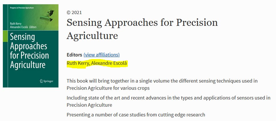 Just published "Sensing Approaches for Precision Agriculture", edited by R. Kerry and <a href="/AlexEscolaAg/">Àlex Escolà 🎗</a> from <a href="/grapudl/">GrapUdL</a> (<a href="/UdL_info/">Universitat de Lleida (UdL)</a> <a href="/Agrotecnio/">Agrotecnio Research Centre</a> @ETSEA_UdL). A book of the series "Progress in #PrecisionAgriculture) of <a href="/SpringerNature/">Springer Nature</a>.
