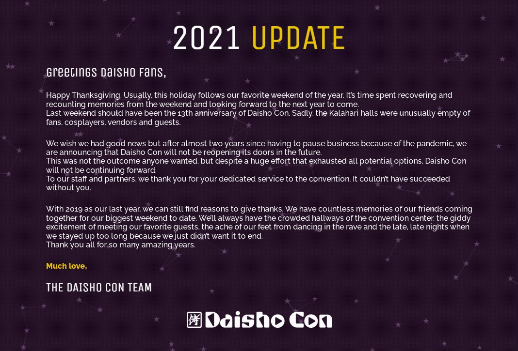 MinistryofOtaku's tweet image. Found out that Daisho-con gave up after not operating two years because of the lockdowns and hysteria. It's like they simply gave up.

#daishocon
#animecons