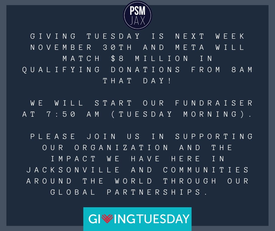PSMJAX's tweet photo. Good morning PSMJax family
#PSMJax #GivingTuesday #SupportPSMJax #MatchingDonation https://t.co/zRwh60HuaT
