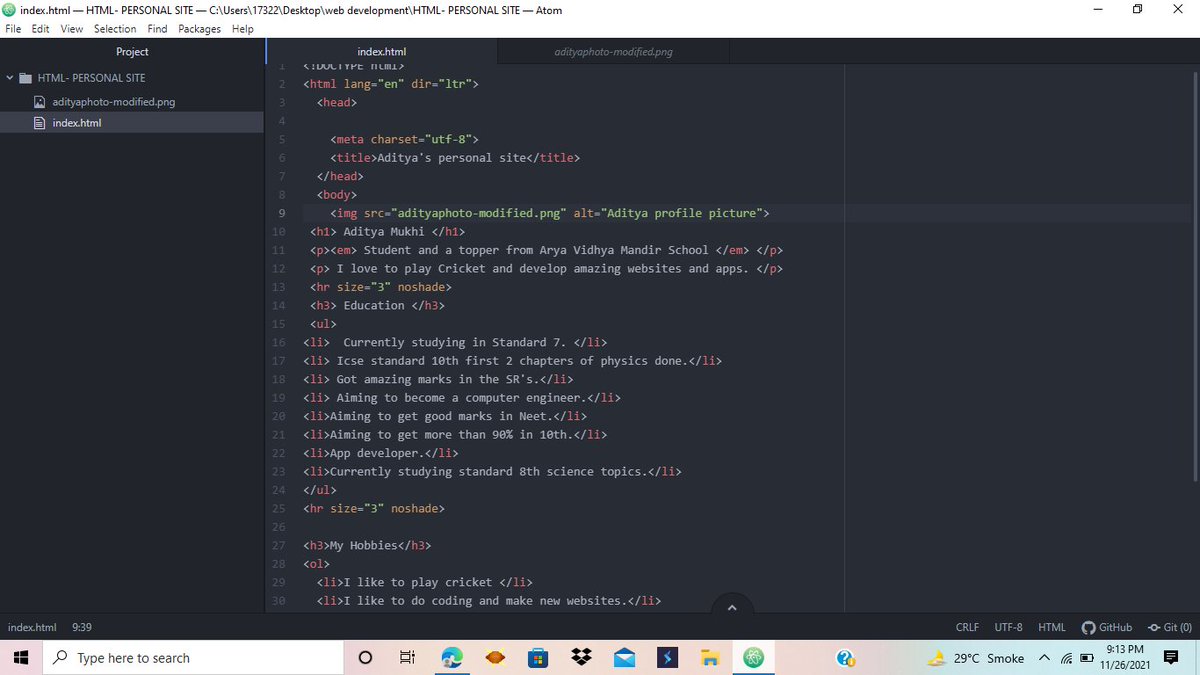 adityamukhi5's tweet photo. On to day 2 of the 100 days of code challenge , learned about img src and ol and ul and li tag and also about metadata #100DaysOfCode #100daysofcodechallenge #html #atomcode https://t.co/8NXMLjy5aq