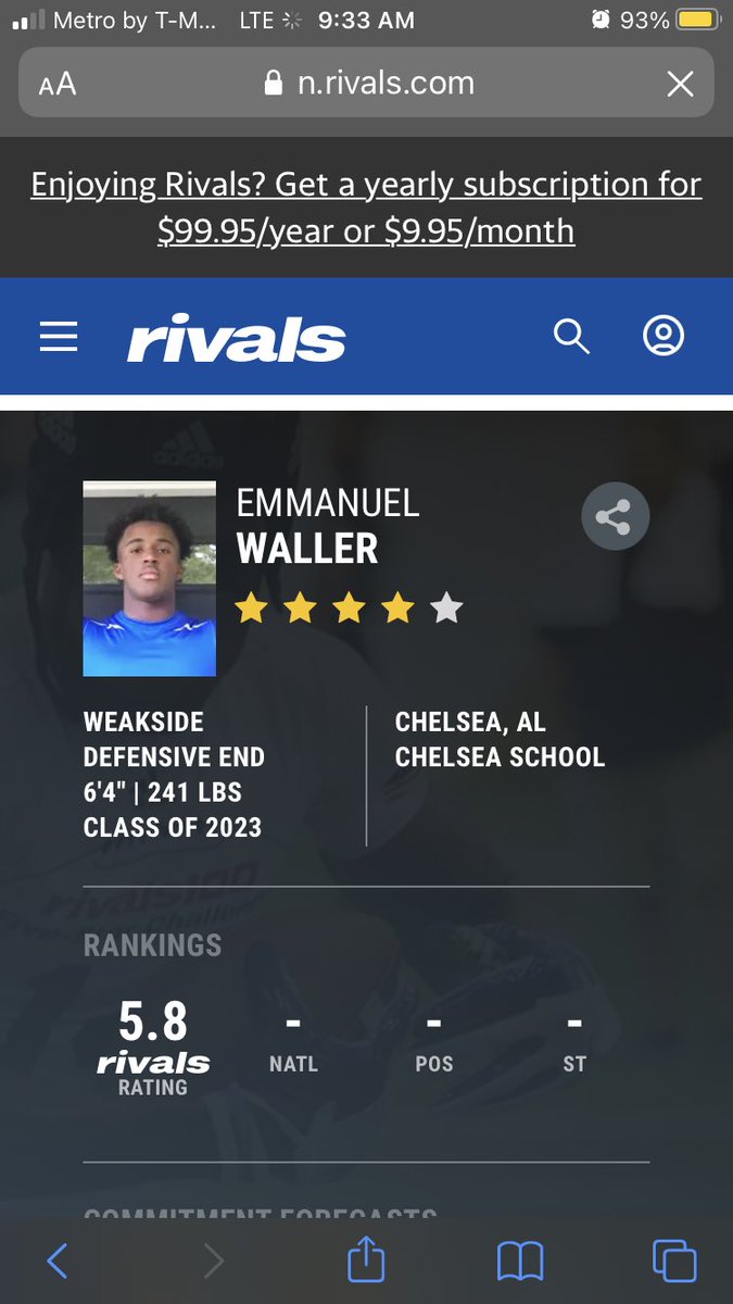 Wow! Extremely blessed to be ranked a 4🌟 by <a href="/Rivals/">Rivals</a> @RivalsFriedman @RWrightRivals <a href="/GoodwinCoach/">Dustin Goodwin</a> <a href="/ChelseaHornets/">Chelsea High School Football</a> <a href="/AL6AFootball/">Alabama6AFootball</a>