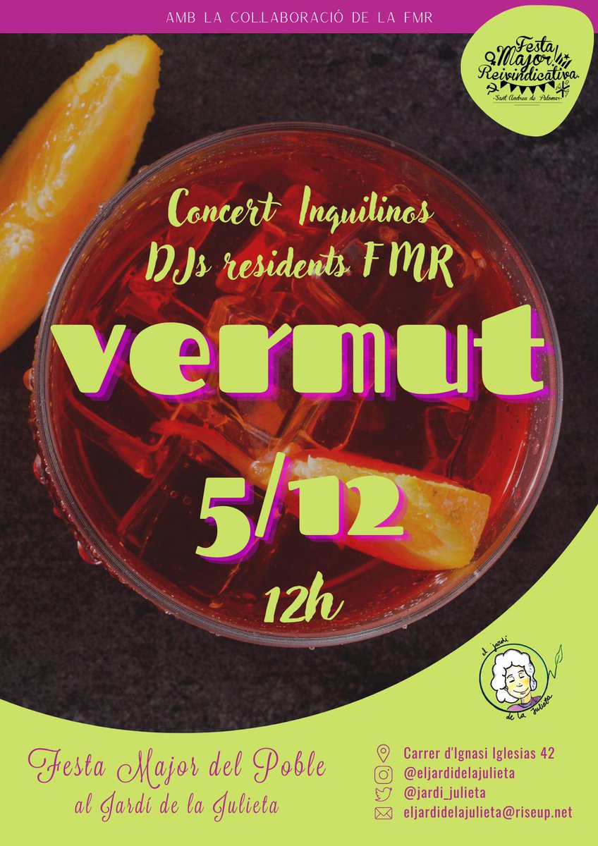 Hi ha algun pla millor que un vermut de festa major?🤔NO!I hi ha algun pla millor que un vermut de festa major al Jardí de la Julieta amb un concert d'Inquilinos? CLAR QUE NO! 😏

📍<a href="/jardi_julieta/">El Jardí de la Julieta</a> (carrer d’Ignasi Iglesias 42)
🗓 Diumenge 5 de desembre 
⏰12:00h