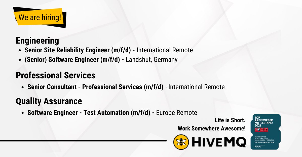 HiveMQ's tweet photo. 📢 HiveMQ #Engineering team and #ProfessionalServices team are hiring! Do check out our open positions here ➡️ https://t.co/KqfF0bXfQk ⬅️ or do spread the word in your network.
#SiteReliabilityEngineerJobs #SREJobs #SRE #SoftwareEngineeringjob #SeniorConsultantJobs #TestingJob https://t.co/PQlNMtAXda