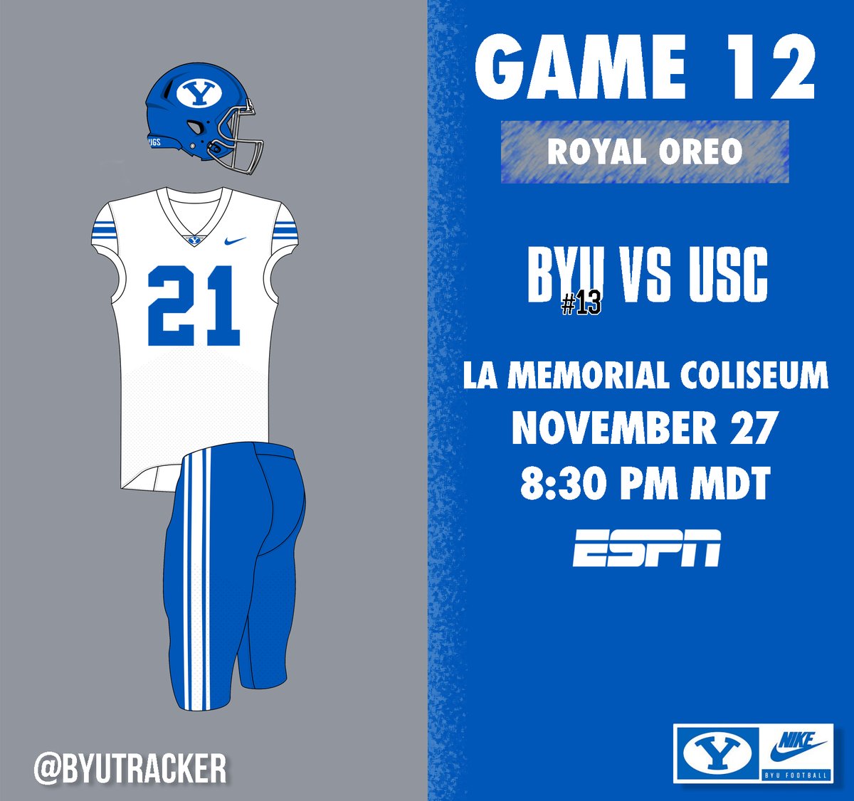 BYUTracker's tweet image. The regular season finale is tomorrow in LA as the Cougars take on the Trojans! Another brand new uniform combination will be worn! 12 games, 12 combos. Who's ready for this??

#GoCougs #BeatUSC #BYUtracker