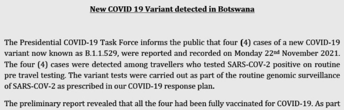 "All four had been fully vaccinated"
Any assertions that the emergence of the B.1.1.529 (Nu) variant emerged in unvaccinated or HIV-infected individuals in Africa is pure propaganda.  This is yet more DISINFORMATION being pushed by legacy media such as "The Guardian".