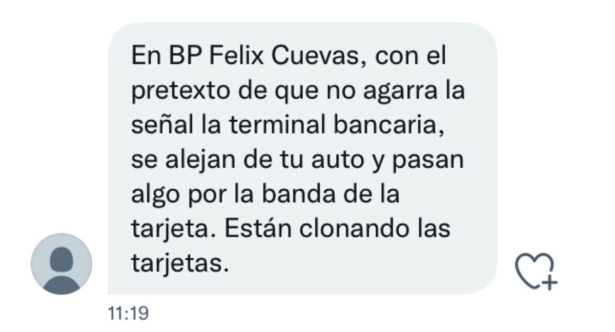 Nos reportan que en la Gasolinera <a href="/bp_MEX/">bp México</a> que está en Félix Cuevas y Adolfo Prieto, están haciendo fraudes con las tarjetas de crédito/débito, tengan cuidado.