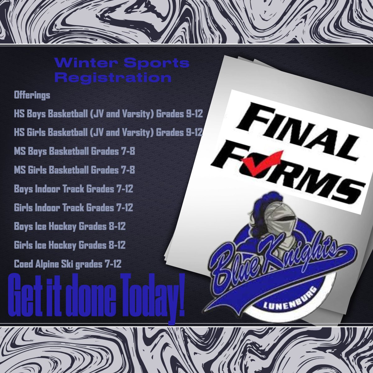 Time to register for winter sports! Click on the link and get it done lunenburg-ma.finalforms.com @lps_dr @LHS_BlueKnights