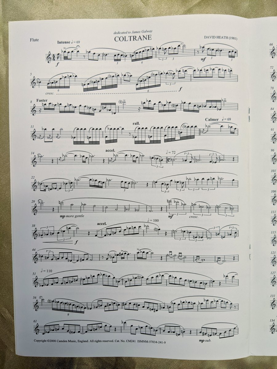 AllFlutesPlus's tweet photo. "Coltrane" written in 1981, is based on the chords and rhythm of modern jazz but fully notated in a classical format. The first half is blues-based while the second half is influenced by North Indian music. 
#fridayclassics #sheetmusic #contemporary #davidheath #flutemusic #flute https://t.co/srU3X1ycXQ