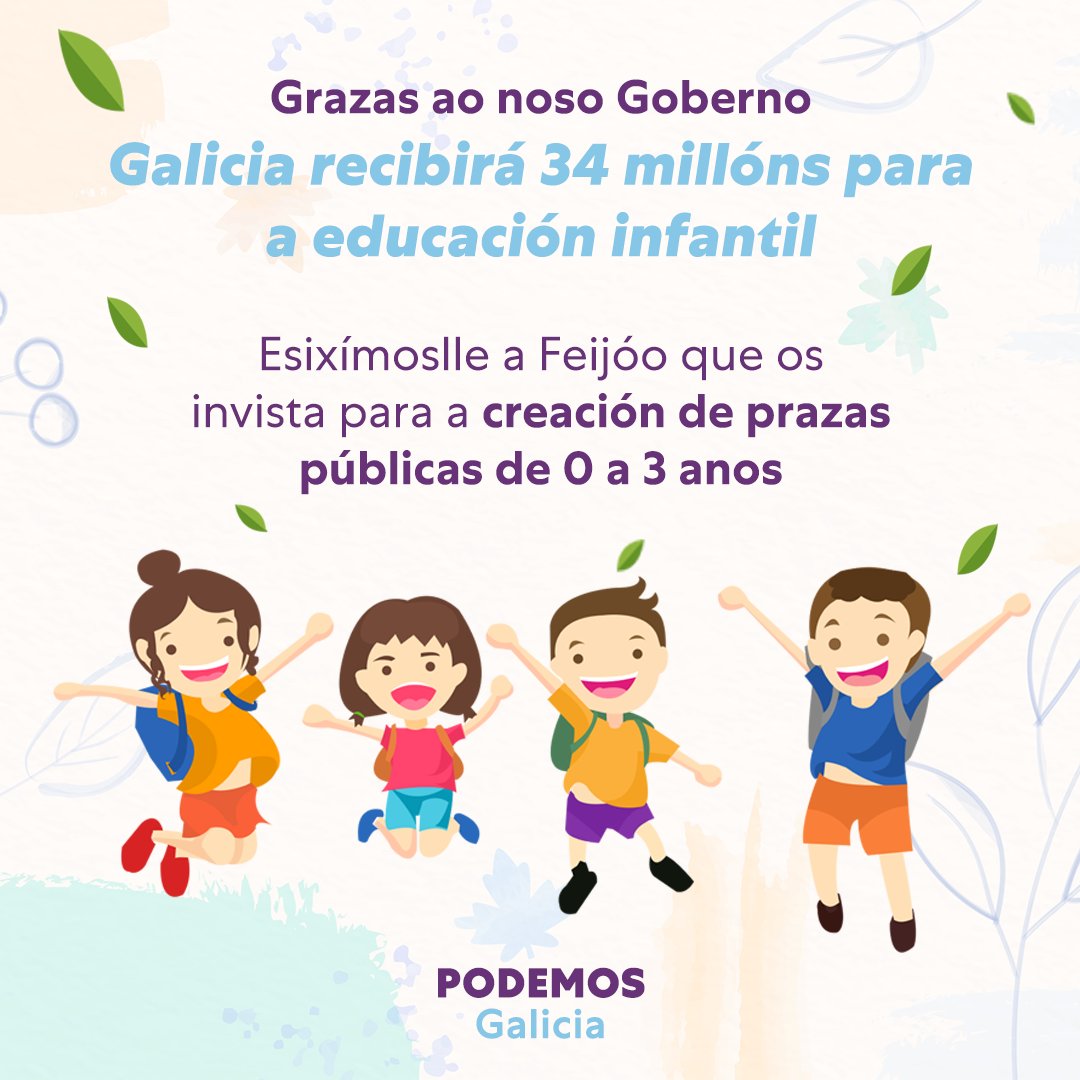 Podemos_Galicia's tweet photo. Galicia recibirá 34 millóns para posibilitar o ensino grauíto de 0 a 3 anos.

Pero Feijóo pretende subvencionar o negocio privado, nós esixímoslle que os empregue para crear prazas públicas para avanzar na igualdade de oportunidades. https://t.co/1WG4bnwIAQ