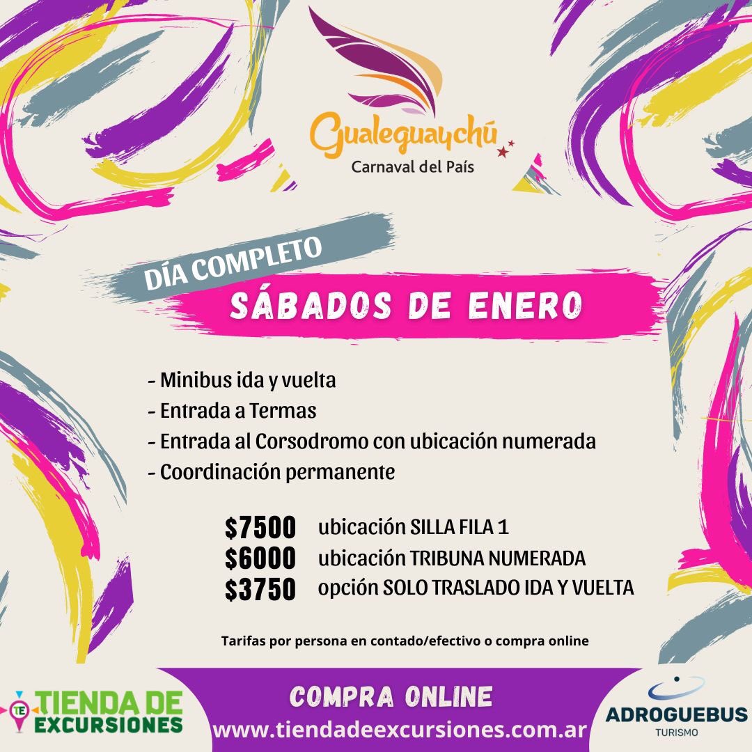 AdrogueBusTuris's tweet photo. 🎉Viernes con V de... VAMOS AL CARNAVAL 🎉
Ya estamos listos y vos???
🔸Anticipo Enero🔸
❗❗CUPOS LIMITADOS❗❗
📲Compra AHORA tu lugar ingresando a https://t.co/3ZQuXrbGPT
—————
#excursiones #carnaval #carnavaldelpais #gualeguaychu #entrerios #verano #enero #viajes #turismo https://t.co/ydTGp1M8Ql