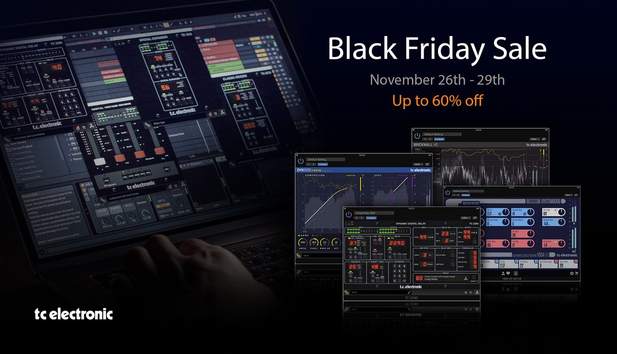 tcelectronic's tweet photo. TC Electronic got your Black Friday covered with up to an incredible 60% off of our Plug-Ins. Add the legendary sound of TC’s Plug-Ins to your productions. Deals run all weekend long!
Check our store: https://t.co/ID2JP0fsj4
#TCElectronic #BlackFriday #Frideals #Studio #TEplugins https://t.co/40DMLhAbqe