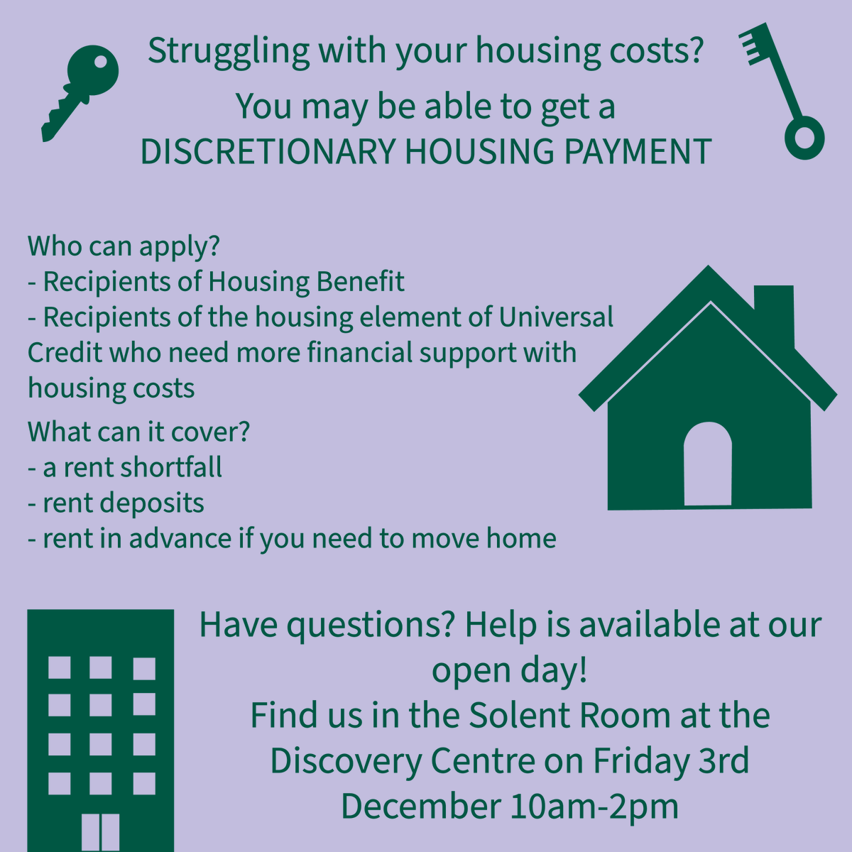 GosportCAB's tweet photo. Citizens Advice Gosport will be holding an open day in the Solent Room at the Discovery Centre from 10am-2pm on Friday 3rd December. If you have questions, or to discuss if you are eligible for a Discretionary Housing Payment and how to apply, drop in and see us during this time. https://t.co/fJ53i0U63a