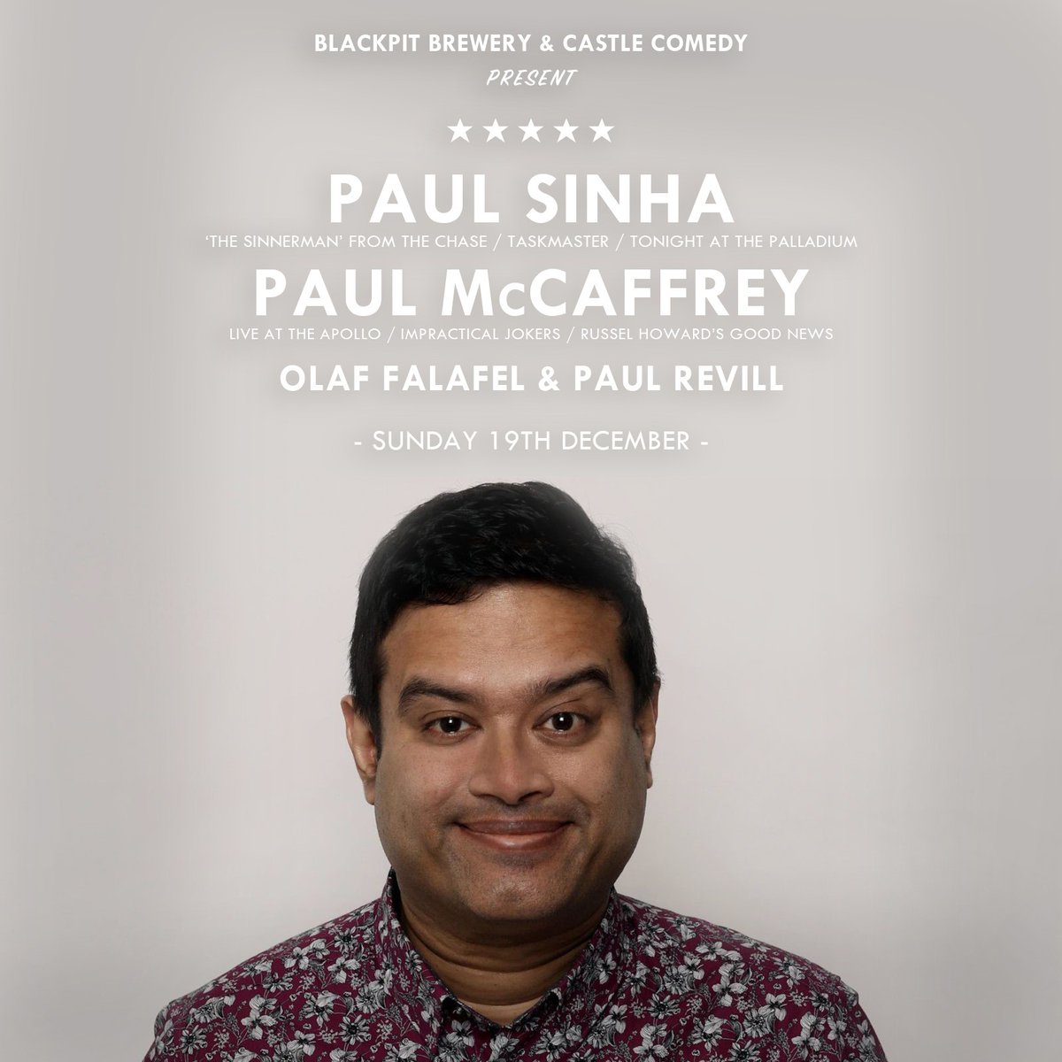 On Sunday 19th December, we're back with <a href="/CastleComedy/">Castle Comedy</a> to bring you a Christmas comedy evening in our new heated venue 🔥

Book your tables here: blackpitbrewery.co.uk/christmas-come…

Headlined by <a href="/paulsinha/">Paul Sinha (Paul Sinha)</a> with  great support from <a href="/paulmccaffreys/">paul mccaffrey</a>  &amp; <a href="/OFalafel/">Olaf Falafel</a> all hosted by <a href="/Revillations/">Paul Revill</a>.