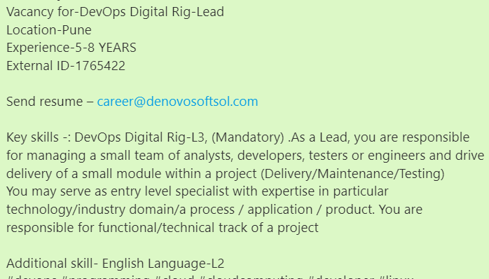 denovosoftsol's tweet photo. #denovojobs #denovo
Vacancy for-DevOps Digital Rig-Lead
Location-Pune
Experience-5-8 YEARS
External ID-1765422
Send resume – career@denovosoftsol.com
#devops #programming #cloud #cloudcomputing #developer #linux #technology #aws #coding #python #software #digitalrig #developer https://t.co/166xuWK6b1
