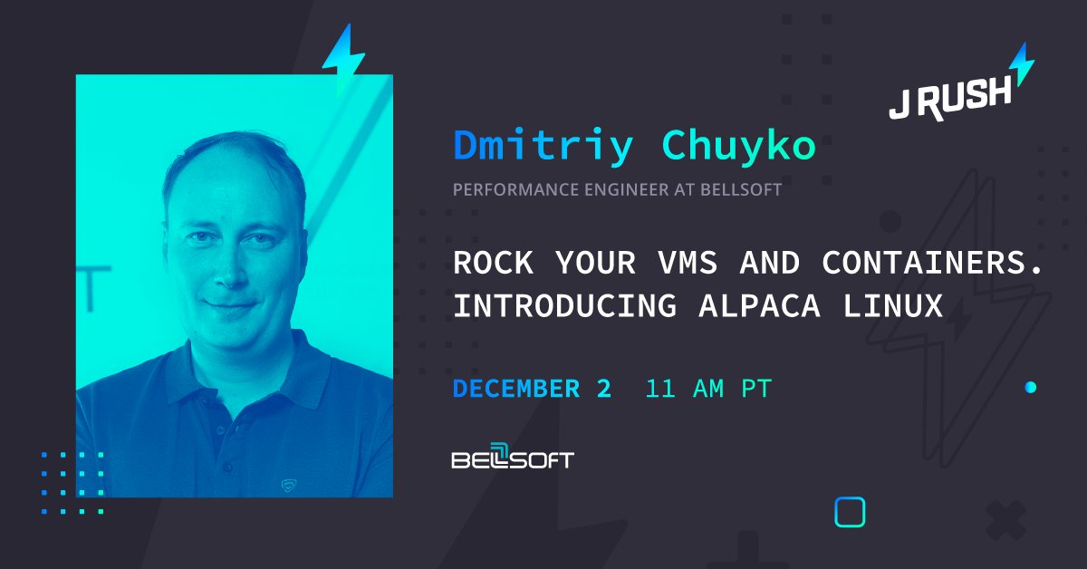bellsoftware's tweet photo. Join #JRush to evolve your apps with modern security and performance tools! @dchuyko will introduce you to #AlpacaLinux, a perfect OS for Java. Find out how to utilize it in Java app deployment: https://t.co/PudAI5fC64 #BellSoft #Java https://t.co/nWXPCNtfj7