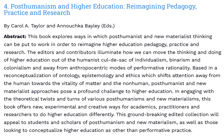 GlobalEurope's tweet photo. Book spotted in @europenowjrnl campus roundup this Nov about "how we can move the thinking & doing of #highereducation out of the #Humanist cul-de-sac of #individualism, #binarism & #colonialism."
@Taylor_C_A @AnnouchkaBayley @Palgrave #posthumanism
https://t.co/CM8BpbIHCC https://t.co/9KydMMBxLP