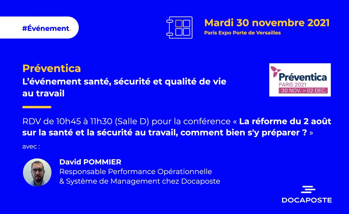 #SST | RDV le 30 nov. à 10h45 à <a href="/Preventica/">Préventica</a> pour la conférence "La réforme du 2 août sur la santé et la sécurité au travail, comment bien s'y préparer ?" avec David Pommier, notre Resp. Performance Opérationnelle &amp; Système de Management
👉l.doca.info/40ox50GWxOH
<a href="/ALEA_PREVENTION/">ALEA PREVENTION</a>