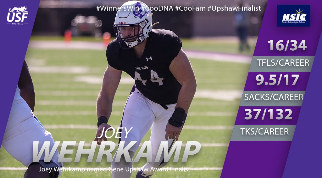 Joey Wehrkamp of @USFCooFootball is named one of eight national finalists for the prestigious Gene Upshaw Award for Senior DII Lineman of the Year. 

Story - bit.ly/3lbeqOn

#WinnersWin #CooDNA #CooFam #Upshawfinalist
