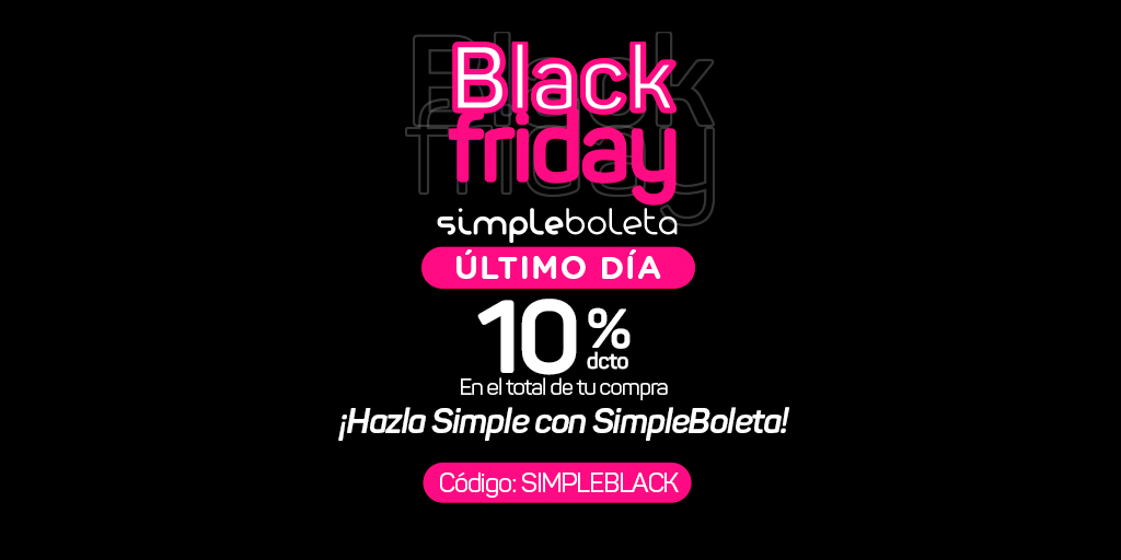 SimpleBoleta's tweet photo. SOLO HASTA HOY, #BLACKFRIDAY SIMPLEBOLETA 🤯😱
Disfruta de descuentos exclusivos para que le saques el mayor provecho a Simpleboleta emitiendo tus documentos electrónicos 🧾🧾🧾
Conoce más en https://t.co/rZYZ9sC0Fj https://t.co/dpfYQKNqj0