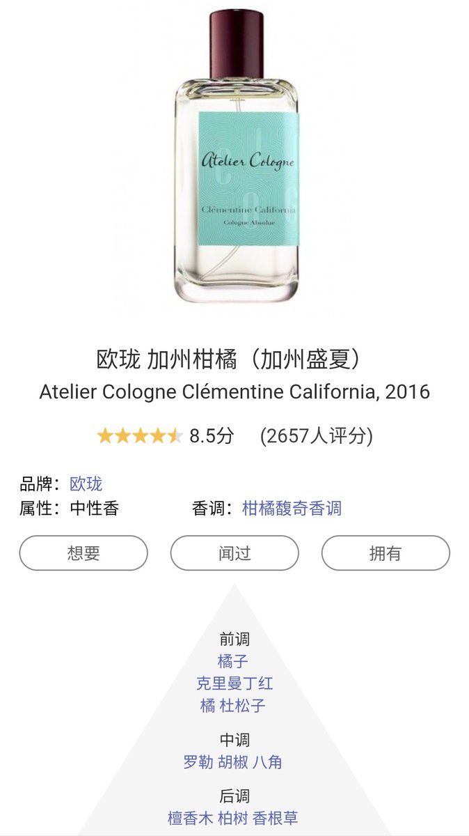 #香水 
昨天的赤霞橘光是甜熟大橘子，这个加州柑橘就是更加酸甜清爽的柑桔，是种会促进唾液分泌的果香。 中后调虽然看着重口，但是味道依然是清爽的
开始我比较喜欢赤橘，但是后来我是更偏爱这个，看我都快用完了。出门随手喷的也是它，夏天用更是太适合了。日常穿不出错类型，留香约4-6小时，新手友好 https://t.co/ik5EFJ6jzR