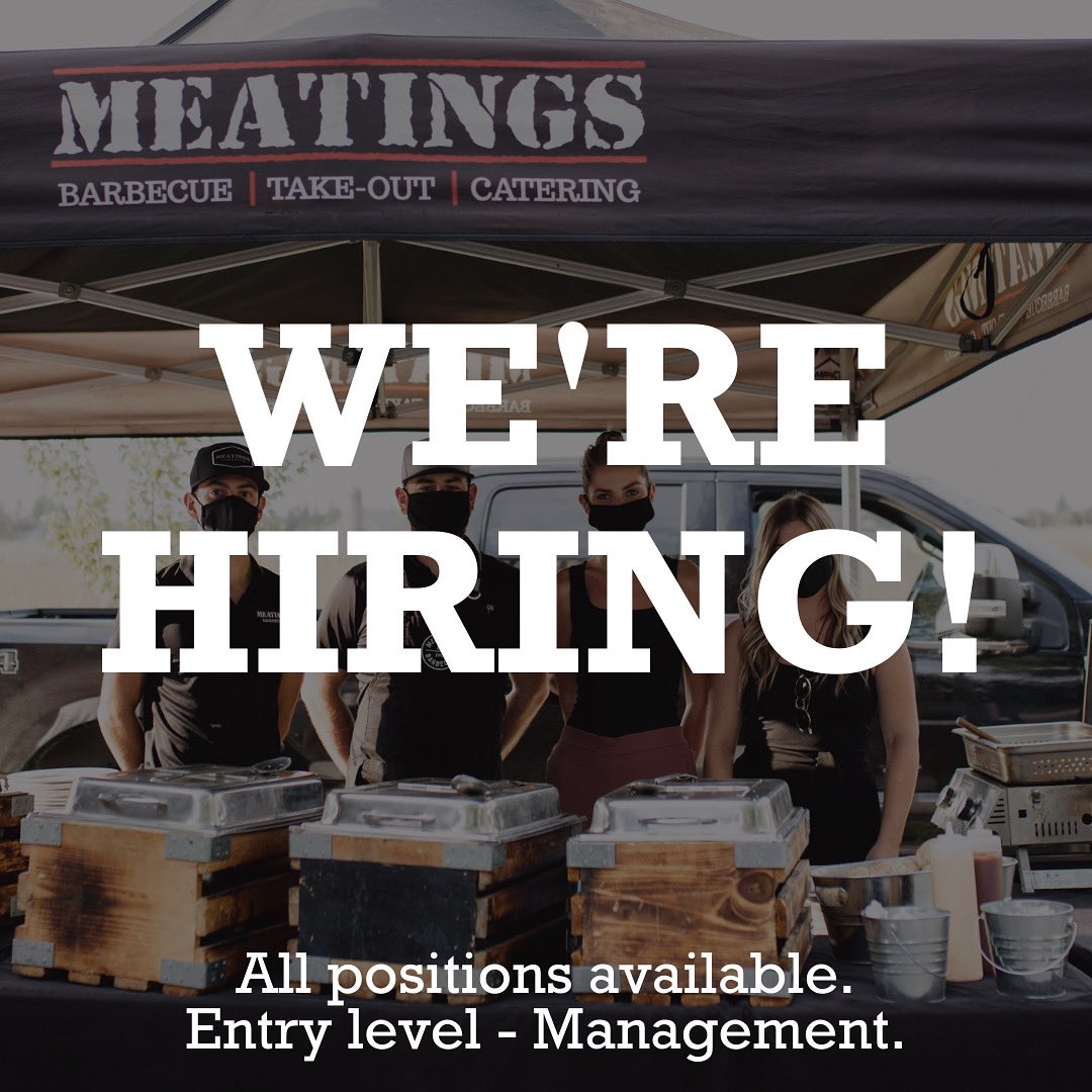 Join the meat team! 🤩 Entry level to management opportunities.

We’re hiring for all positions! BOH and FOH, part time and full time availability.

If you’re interested in working in a fun &amp; positive team environment, we’d love to meat you! Send your resume to carol@meatings.ca