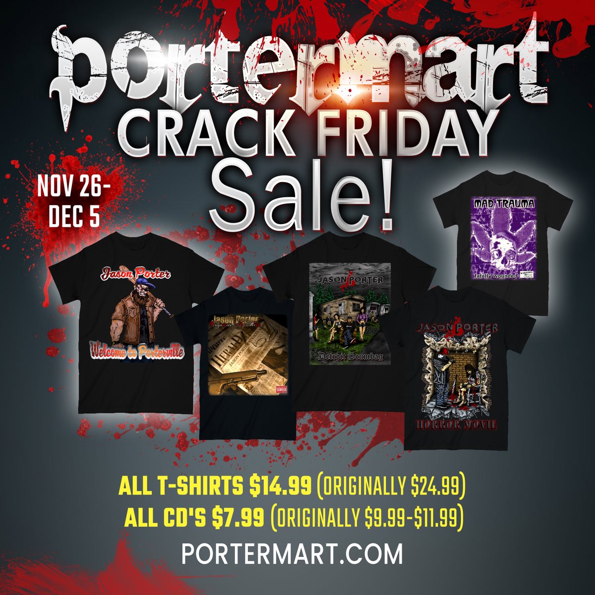 JasonPorter313's tweet photo. It's time for another https://t.co/GOKO4Sz4Cr Crack Friday Sale! Get yourself the latest in Jason Porter music and apparel! All T-Shirts now on sale for $14.99! All CD's $7.99! Now through Dec 5! https://t.co/iYSY5h0MAh