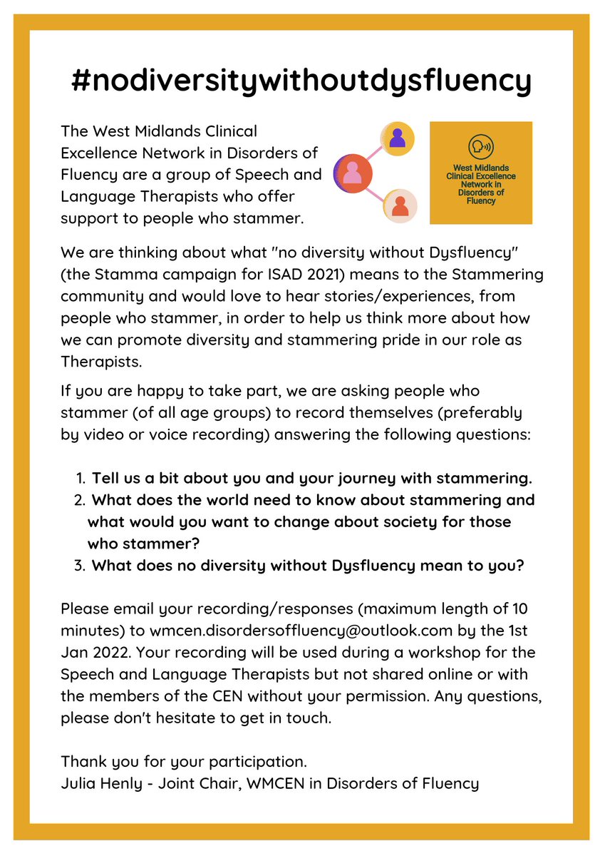 We are looking to hear the stories and experiences of people who stammer (all ages) to help us think more about how to promote stammering acceptance and education.

If you would like to help us with this, please see the attached leaflet for all the information regarding this.