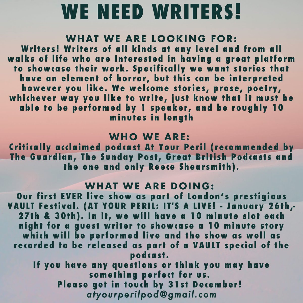 at_peril's tweet image. WE NEED YOU! Please share around!
.
.
.
.
.
#writers #podcast #opportunity #2021 #podcasting #writing #creativewriting #story #horror #scary #live #search #callout #audiobook  #secret #invite #atyourperil #atyourperilpod #pandorapodcasts