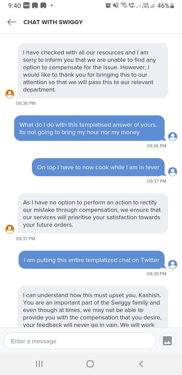 GT_Gunjan's tweet photo. @swiggy_in @SwiggyCares this is your templtzd rspnc 2 wrng ordr dlvry. Sickened! U will penalize the restaurant but still want to make money on this order instd of making full refund. https://t.co/PxP9ZyZx6P