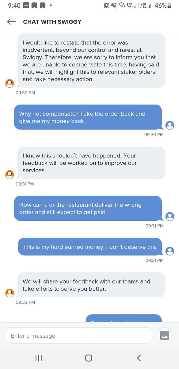 GT_Gunjan's tweet photo. @swiggy_in @SwiggyCares this is your templtzd rspnc 2 wrng ordr dlvry. Sickened! U will penalize the restaurant but still want to make money on this order instd of making full refund. https://t.co/PxP9ZyZx6P