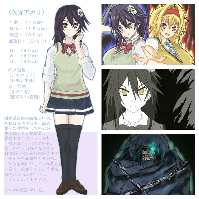 牧野アカリは、最初は普通の大人しい地味な子だったんです。
でも1年目に思いつきで描いたバトルっぽい絵をキッカケに闇が目覚め、死神ゼットの存在・異能力者マホウツカイとしての設定が作られ、魔剣を振り回して闘う子になってしまった。 