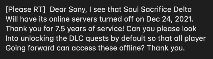 Gaijinhunter 拡散希望 お願い Soulsacrificepr Sonyjapanstudio Playstation Jp ソウル サクリファイス デルタのオンライン終了が12月24日で決定されたそうです ７年間半 大変お疲れ様でした オフラインで全員が追加dlcクエストを楽しめるように