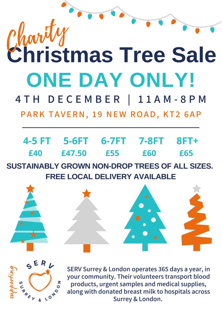 Christmas Tree Sale - 4th December!
All in aid of @serv_sl SERV Surrey & London!

@kt2_me @friendsofkings1 @KingstonianFC @KtonToday @FoLaRKT2 @FRPTweets @friendsofham @KGS_Friends @KbbAwards @KingstonNubNews @ForumKingston @RBKIndependents @KingstonRingers @BusinessRBK #kingston