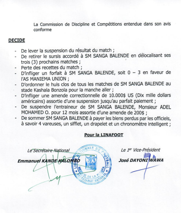 Sa majesté Sanga Balende perd son match contre Maniema Union par Forfait et son public est privé de spectacle pour plus ou moins 10 journées.
<a href="/fecofa_kinshasa/">Compte Officiel de Léopards</a> 
<a href="/LinafootO/">Linafoot Officiel</a> 
<a href="/jlkapend/">jean luc kapend</a>