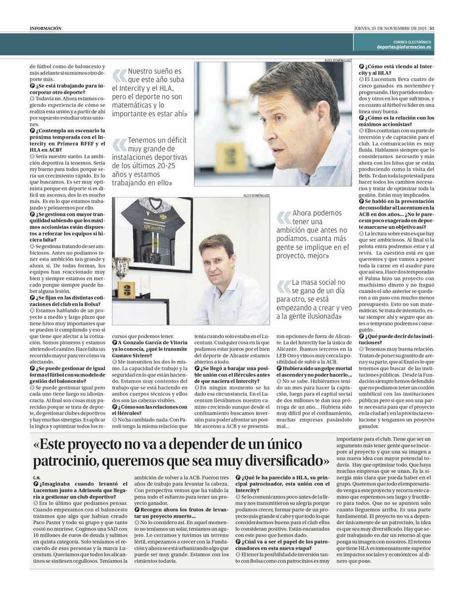 CFIntercity's tweet photo. 📰 Toni Gallego, CEO del @CFIntercity.

🗣️ "La unión entre @CFIntercity y @FundLucentum hará crecer a Alicante como ciudad".

🗞️ Una entrevista de César Hernández para @informacion_es. https://t.co/KQvGqqJwjX