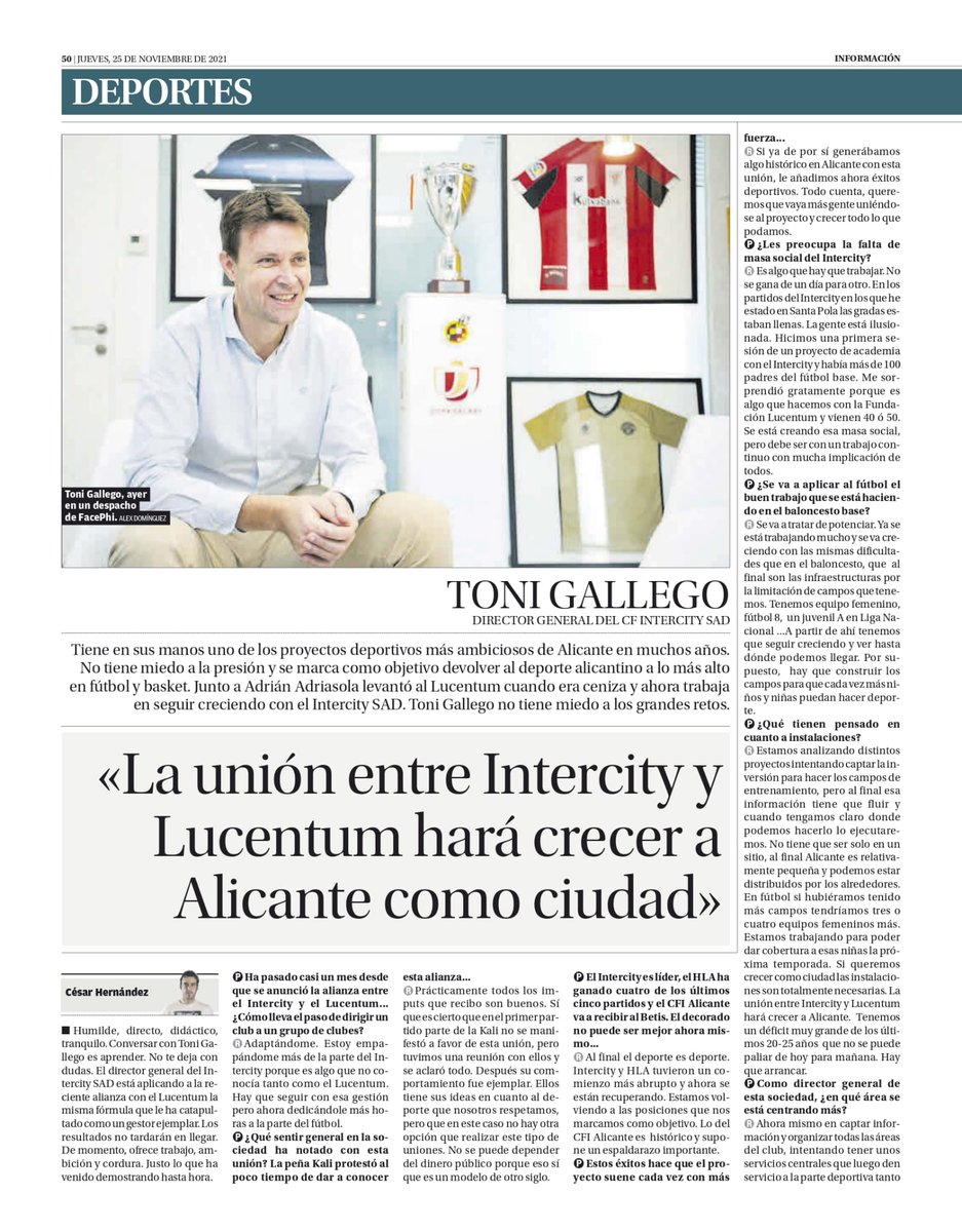 CFIntercity's tweet photo. 📰 Toni Gallego, CEO del @CFIntercity.

🗣️ "La unión entre @CFIntercity y @FundLucentum hará crecer a Alicante como ciudad".

🗞️ Una entrevista de César Hernández para @informacion_es. https://t.co/KQvGqqJwjX