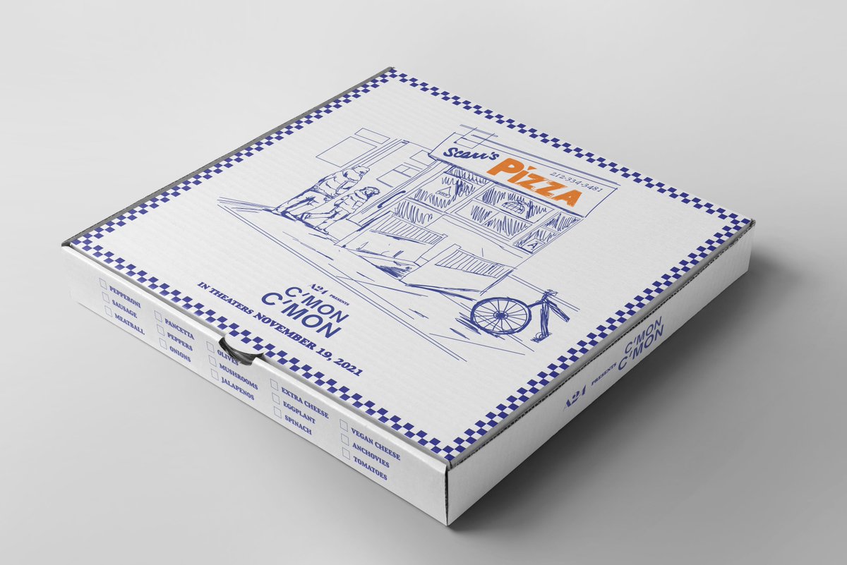 A24's tweet image. Good taste all around. Scarr&apos;s Pizza x C&apos;mon C&apos;mon Tees now available in the A24 Shop, with proceeds going to NYC’s Hamilton-Madison House.

Swing by Orchard Street this weekend for a slice in the special C’mon C’mon box ♨️

a24.shop/ScarrsCmonCmon