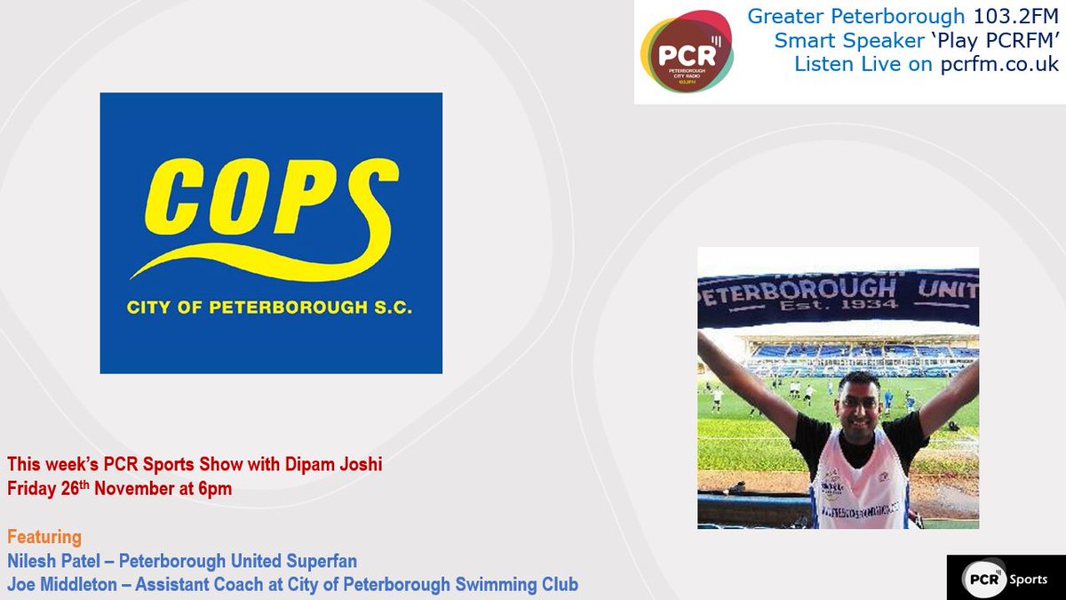 SportsPcr's tweet image. The PCR Sports Show at 6pm: Special guests @Wembley92 the @theposh superfan all things Posh &amp;amp; @COPSSwimFast coach Joe Middleton giving us a run down of the club &amp;amp; work in the area. Tune in: 103.2FM smart speaker 'PCRFM' #pcrfm #pcrsport #sport #football #swimming #peterboroughuk