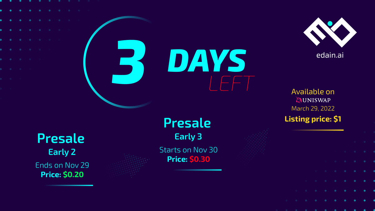 edainsw's tweet image. ‼Heads up! There are only 3 more days until you won&apos;t be able to buy #EAI at $0.20.
Claim yours now: bit.ly/3nP2vHz

#JoinTheKnowledgeRevolution